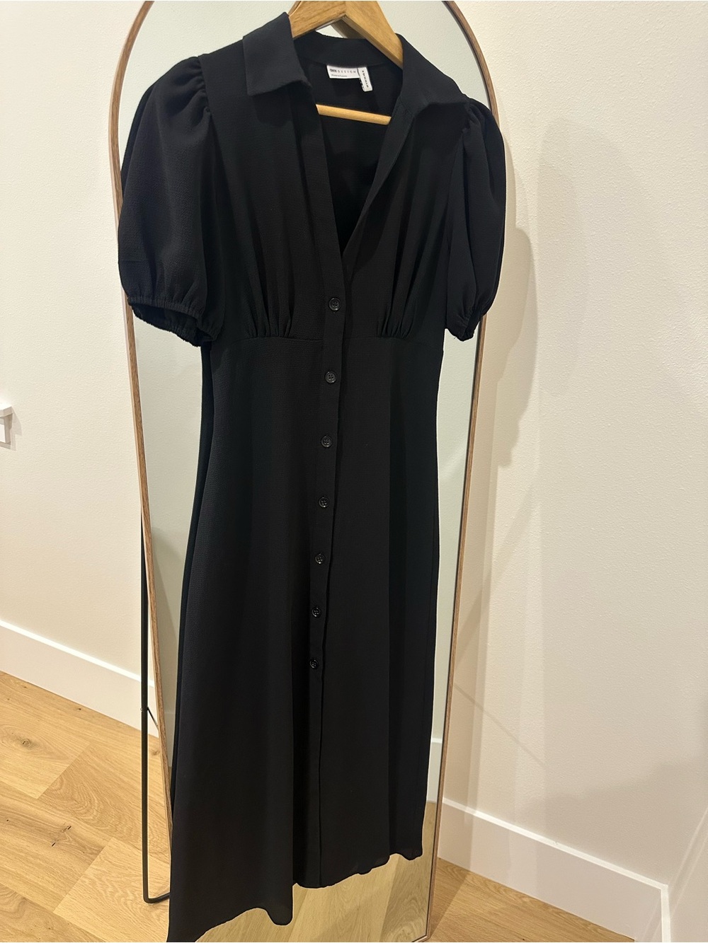 Black Button-Front Puff Sleeve Midi Dress